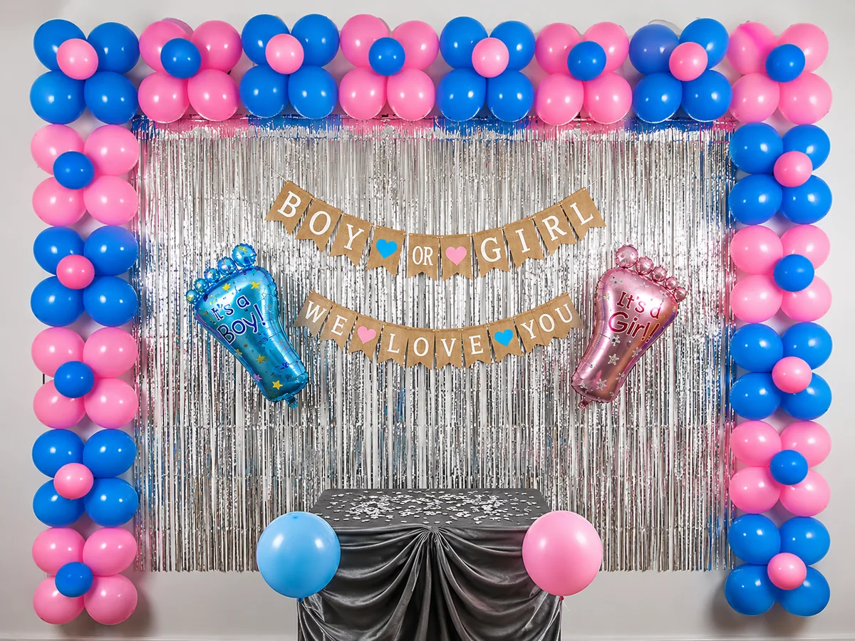 Boy or Girl Baby Shower Balloon Decoration Package with Silver Shimmer Backdrop