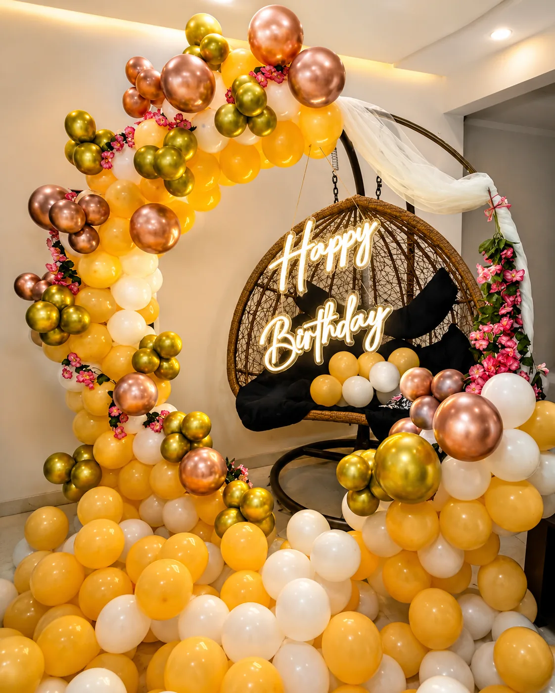Luxury Balloon Arch Birthday Decoration with Neon Sign & Hanging Chair Setup at Home
