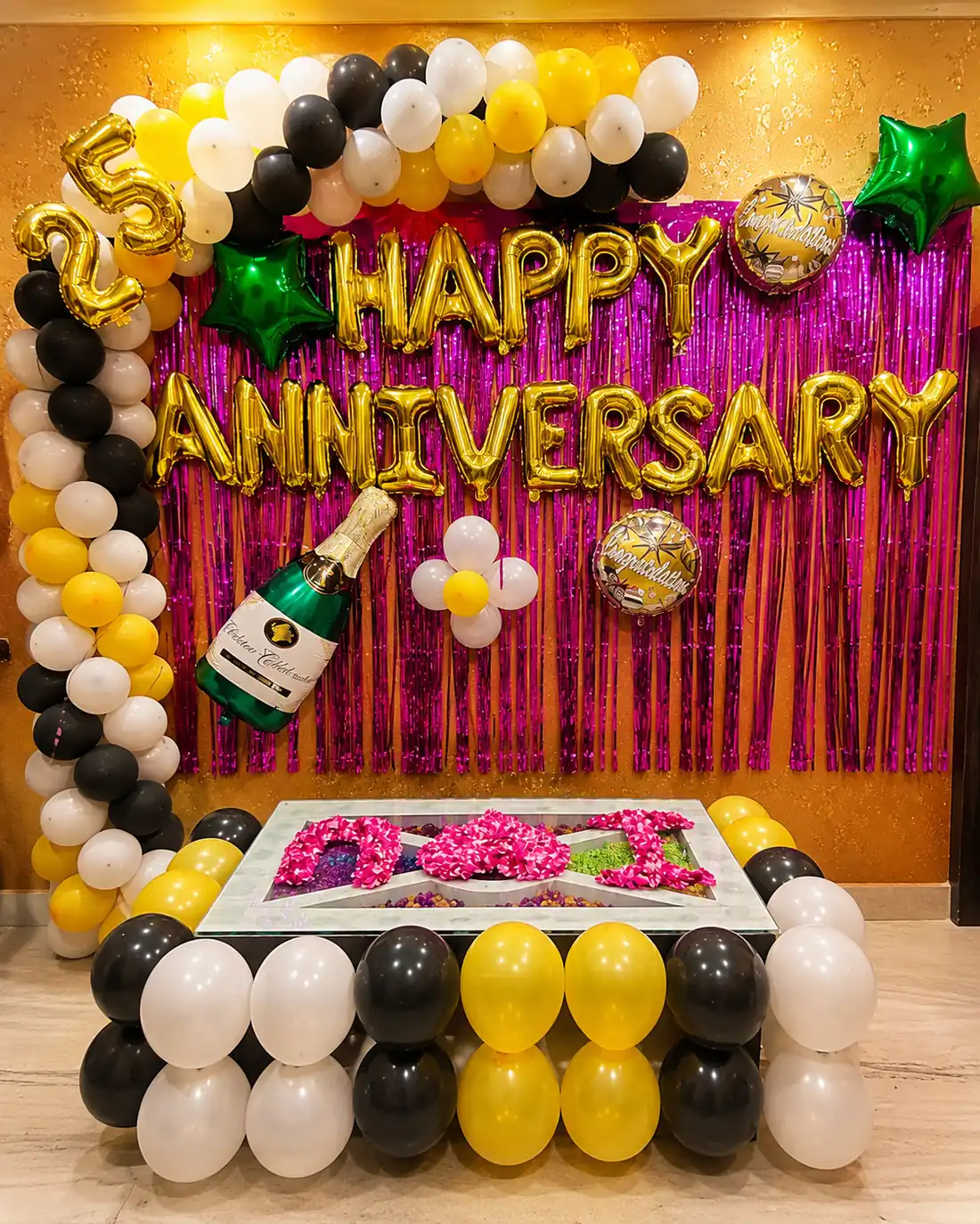 25th Anniversary Balloon Decoration Package with Champagne Foil, Floral Table Decoration & Pink Shimmer Backdrop at Home