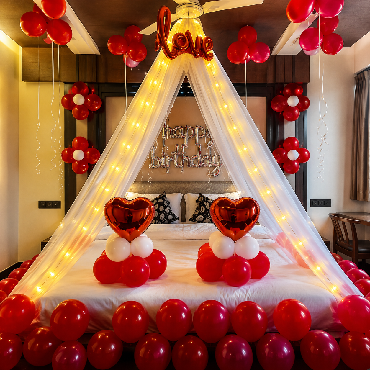 Romantic Love Canopy Room Decoration Package with Fairy Lights, Red Balloons & Heart Foil Balloons at Home