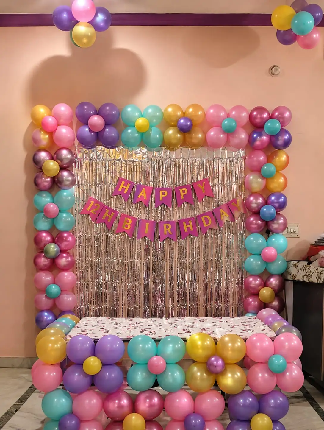 Premium Pastel Birthday Balloon Decoration Package with Silver Shimmer Backdrop at Home