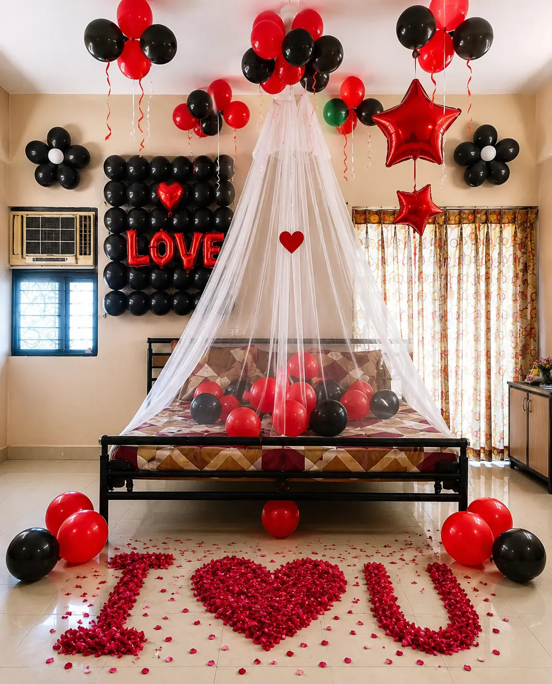 Luxury Romantic Love Room Decoration Package with Canopy, Rose Petals & Balloon Setup at Home