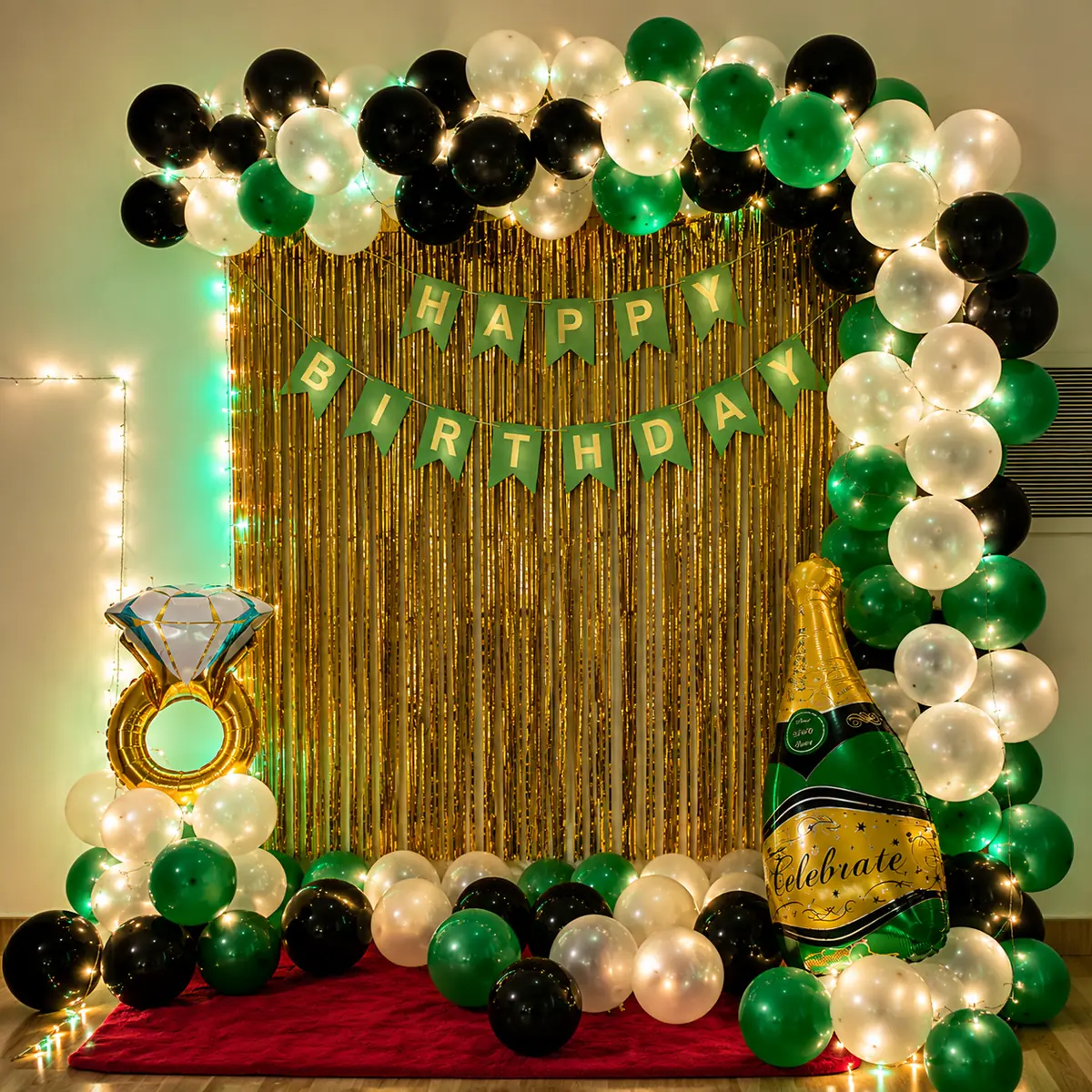 Green & Black Birthday Balloon Decoration Package with Gold Shimmer Backdrop, Fairy Lights & Champagne Foil at Home