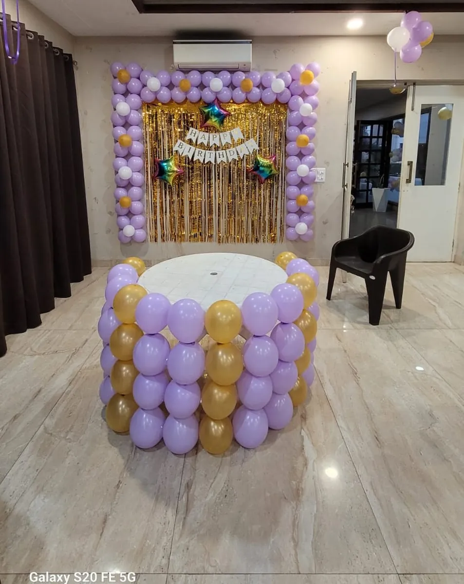 Lavender & Gold Birthday Balloon Decoration Package with Gold Shimmer Backdrop & Cake Table Decoration at Home