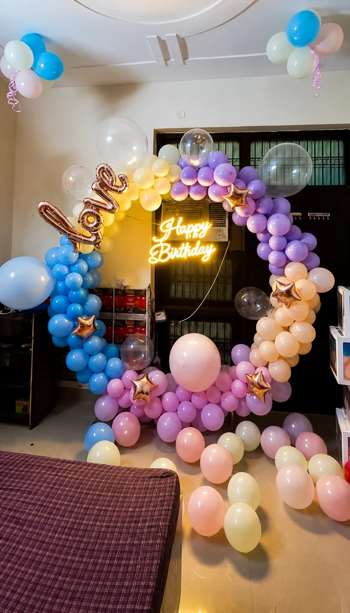 Premium Pastel Balloon Ring Birthday Decoration Package with LED Neon Sign at Home