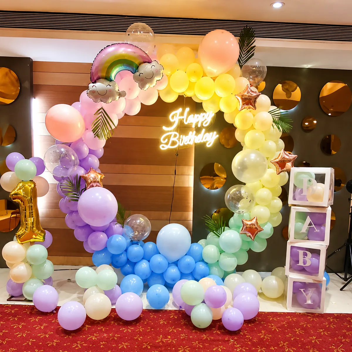 Premium Pastel Rainbow 1st Birthday Balloon Decoration Package with Neon Sign & BABY Boxes at Home