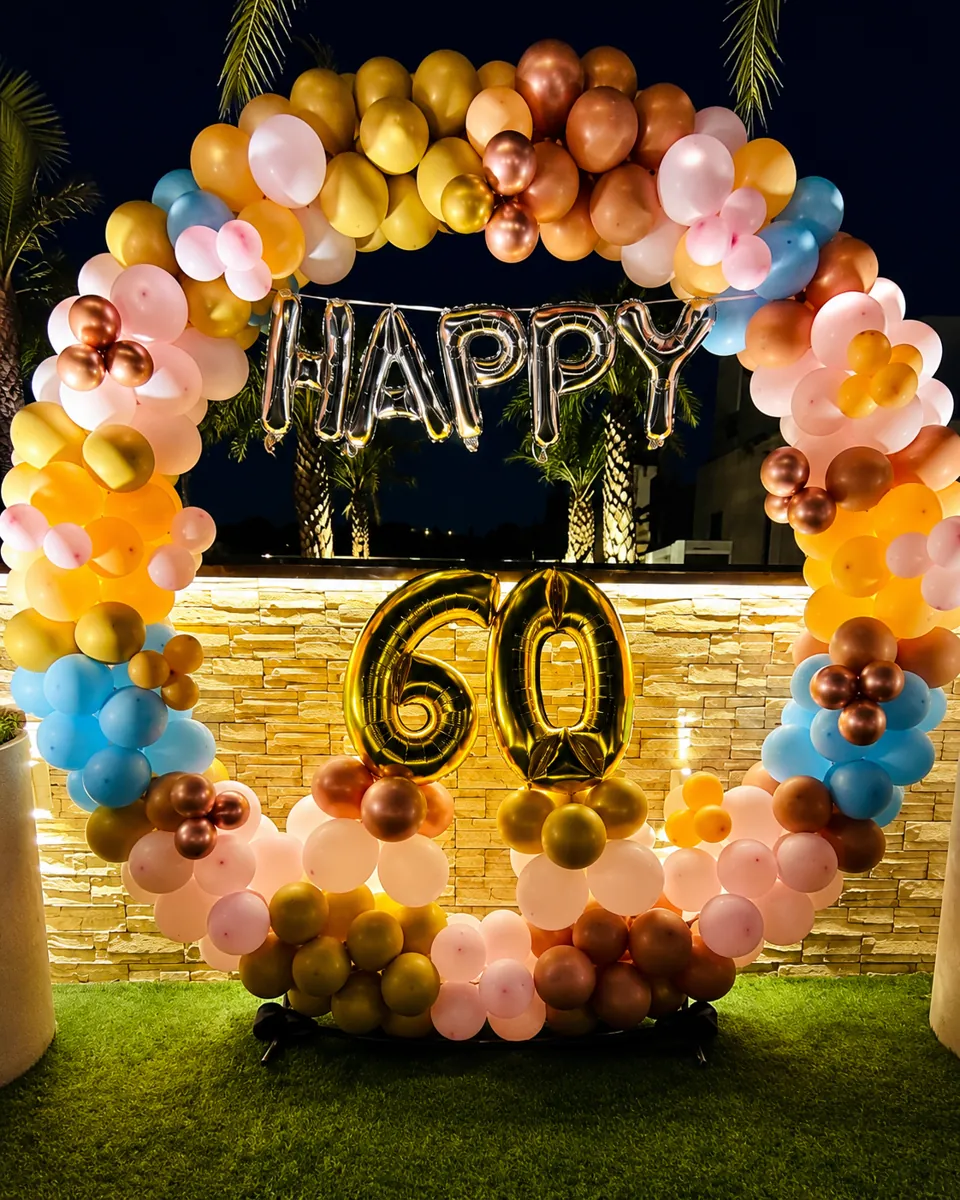 Premium 60th Birthday Ring Balloon Decoration with Organic Balloon Arch & Gold Number Foil