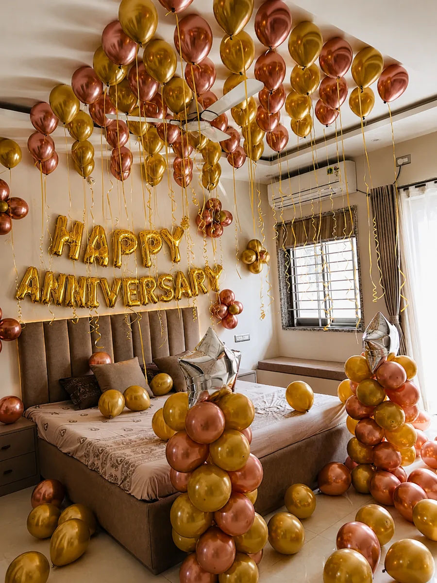 Premium Happy Anniversary Bedroom Balloon Decoration with Ceiling Balloons & Rose Gold Theme