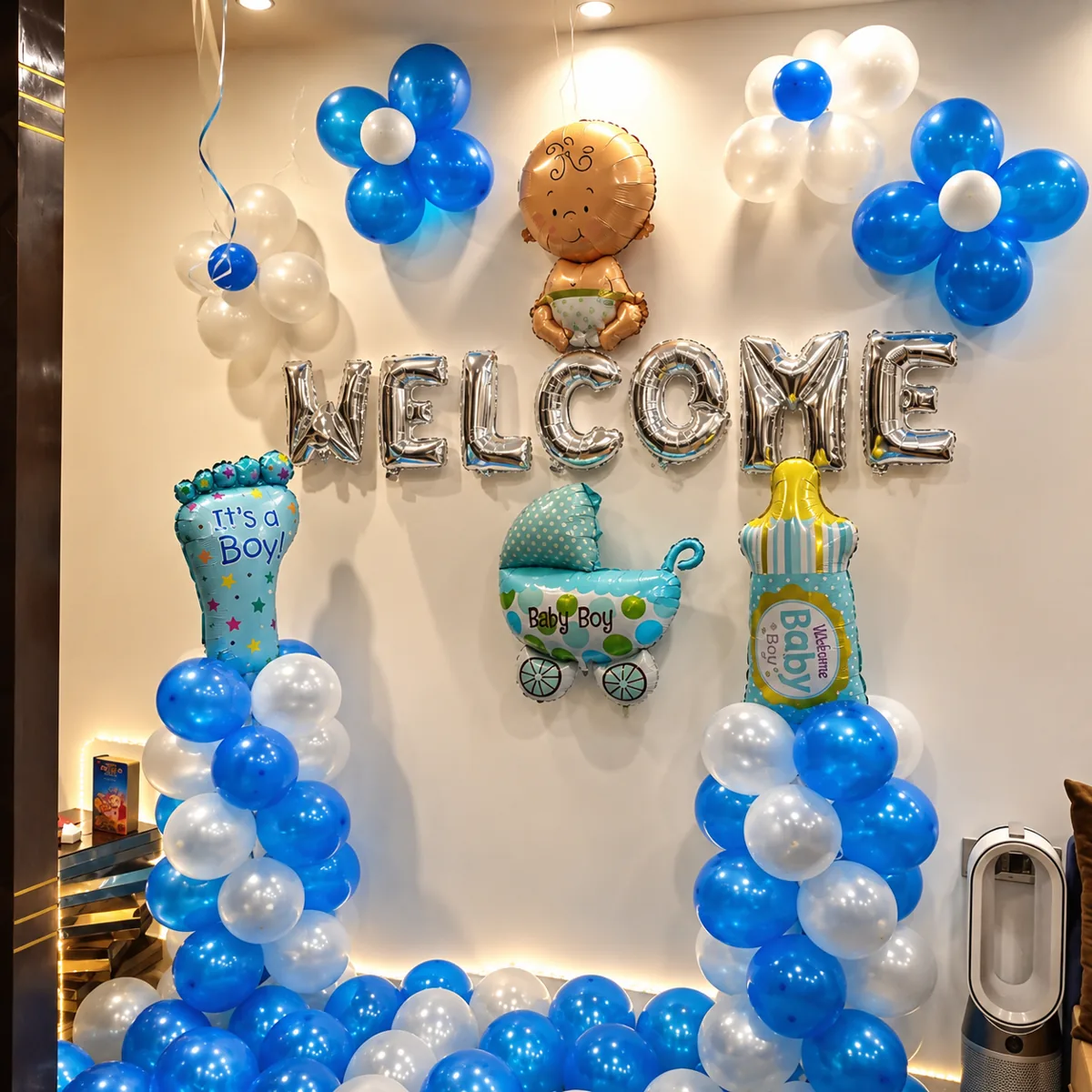 Welcome Baby Boy Balloon Decoration with Blue & White Theme | Newborn Baby Welcome Decoration