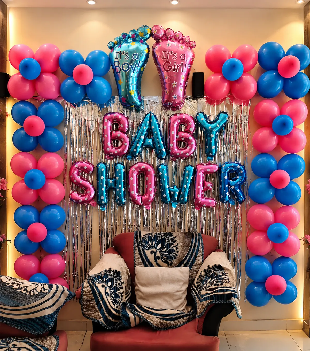 Pink & Blue Baby Shower Balloon Decoration with Baby Foot Foil Balloons | Premium Baby Shower Decoration in Agra