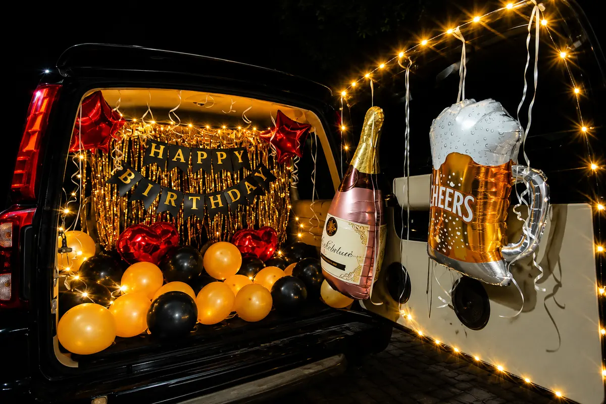 Black & Gold Car Boot Birthday Decoration with Fairy Lights