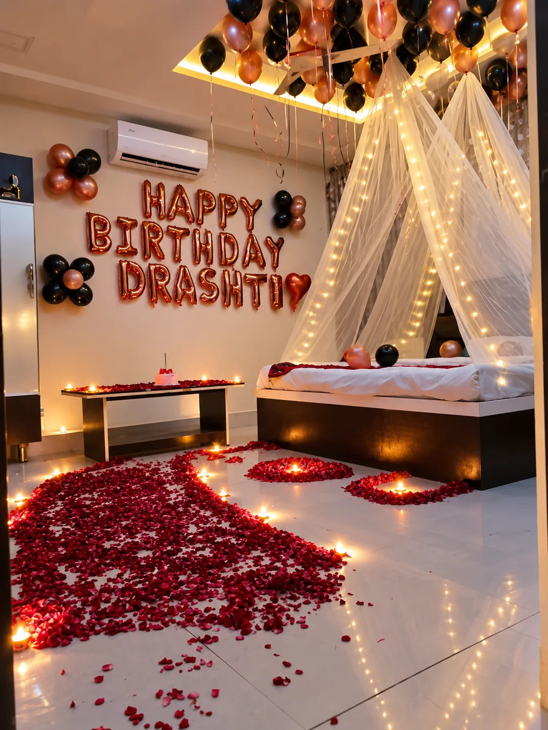 Romantic Birthday Room Decoration with Balloon Canopy & Fairy Lights in Agra