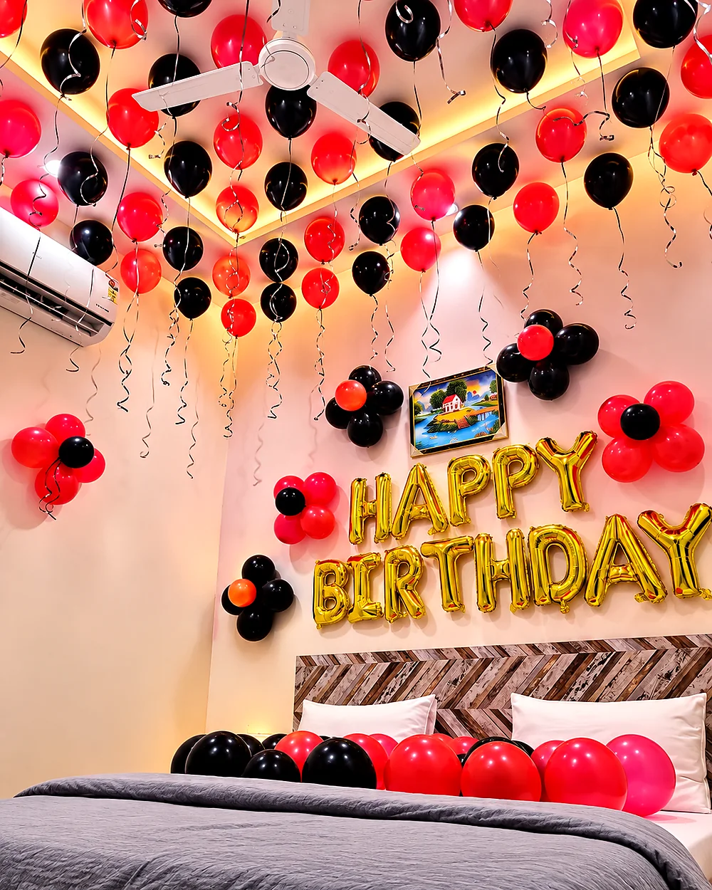 Red & Black Birthday Decoration with Ceiling Balloons in Agra